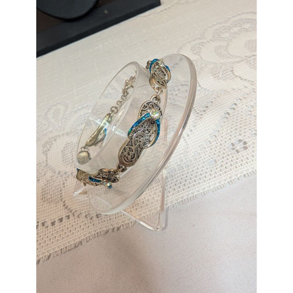 Antiqued Silver Flip Flop Toggle Bracelet - Blue Glitter Sandal Link Charm